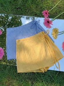 Comfortcana 2026春夏新款女装100%纯棉黄色裤裙套装，包含黄色裤裙和蓝色条纹裤裙，多件套设计，适合女性度假、复活节、圣帕特里克节、派对、婚礼、毕业典礼、优雅、休闲、奢华、外出、正式场合、情人节、狂欢节、海滩、假日、居家休闲、街头、大学、时尚、通勤、商务等各种场合穿着。 - 彩色 - 查看 10