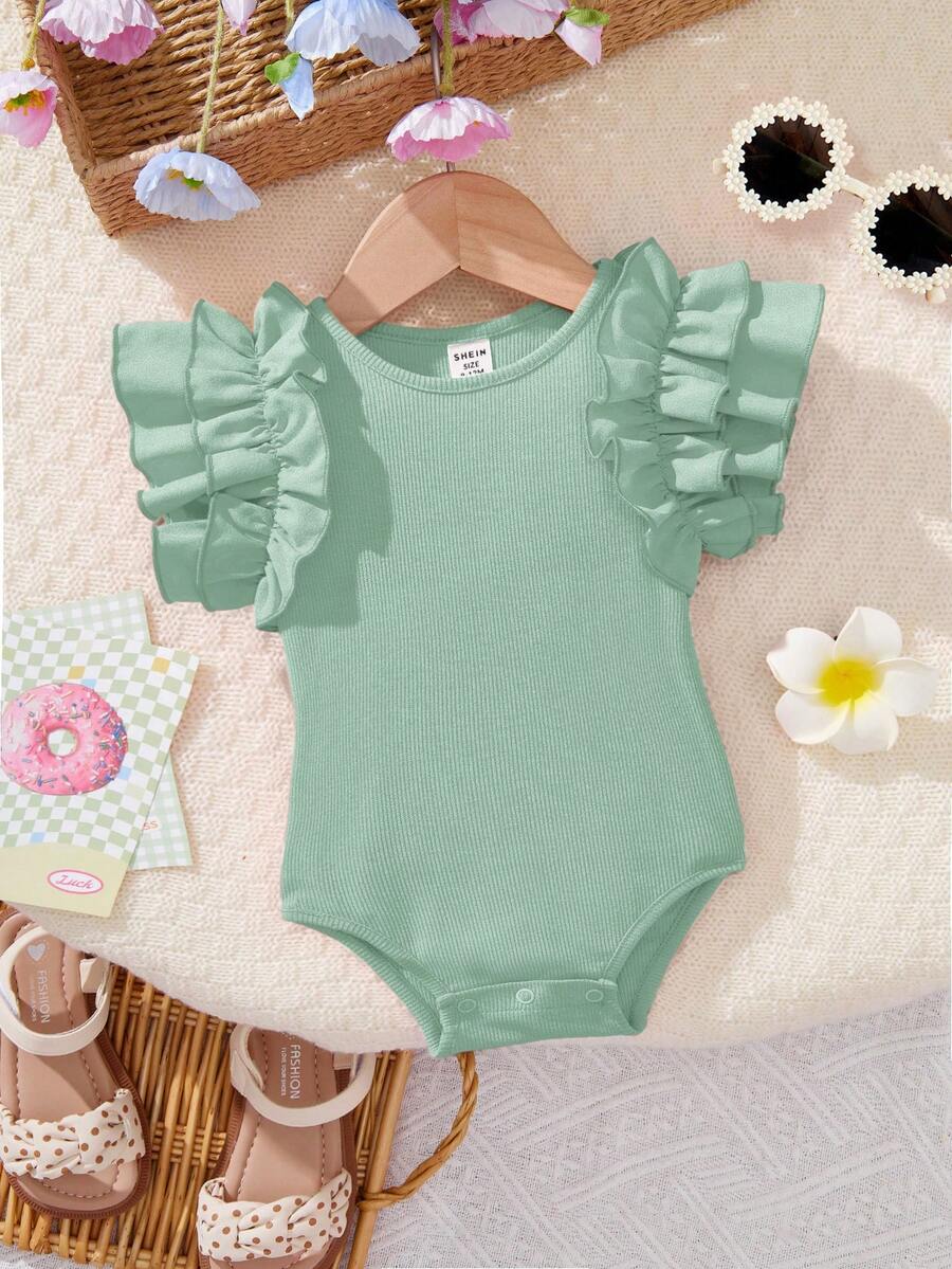 SHEIN Newborn Baby Girl Cute Summer Red Ruffled Romper - Green - View 1