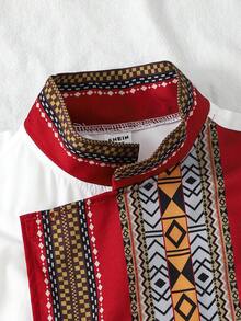 男童几何印花撞色领短袖衬衫和松紧腰裤套装 - 杏色 - 查看 4