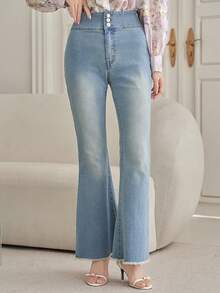 DAZY Women's Casual Washed Frayed Hem Flare Leg Jeans, Spring/Summer - Medium Wash - View 4