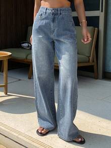 DAZY Jeans rectos de mujer con lavado y aplicaciones de rhinestones - Azul - Ver 8