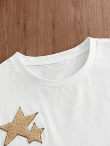 Manfinity Unisex 男士五角星刺绣短袖T恤 - 白色 - 查看 3