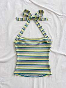 Soleia Women's Vacation Halter Neck Ribbed Knit Ribbed Fitted Tank Top - Yellow - View 2