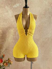 Soleia 女士秋冬黄色针织露背圆环连体裤，优雅适合外出和度假，性感 - 黃色 - 查看 3