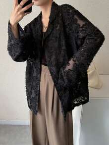 FRIFUL Women's Casual Commuting Solid Color Cutout Blazer Western Outfits For Women - Black - View 1