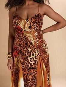 SHEIN BAE 大码女式不对称豹纹拼接吊带连衣裙 - 彩色 - 查看 7