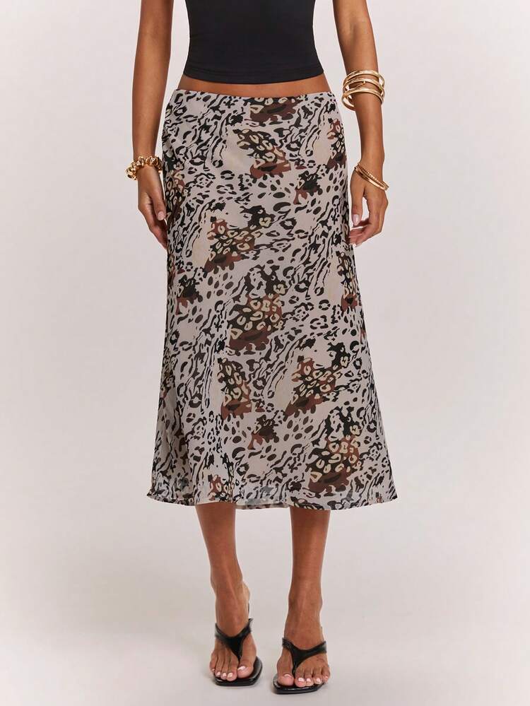 SHEIN BAE Women's Grey Leopard Print Low-Waist Mid-Length Skirt,Summer Casual Animal Pattern Streetwear For Date,Festival Rave Party Club Y2K Vintage Outfit - Apricot - View 5