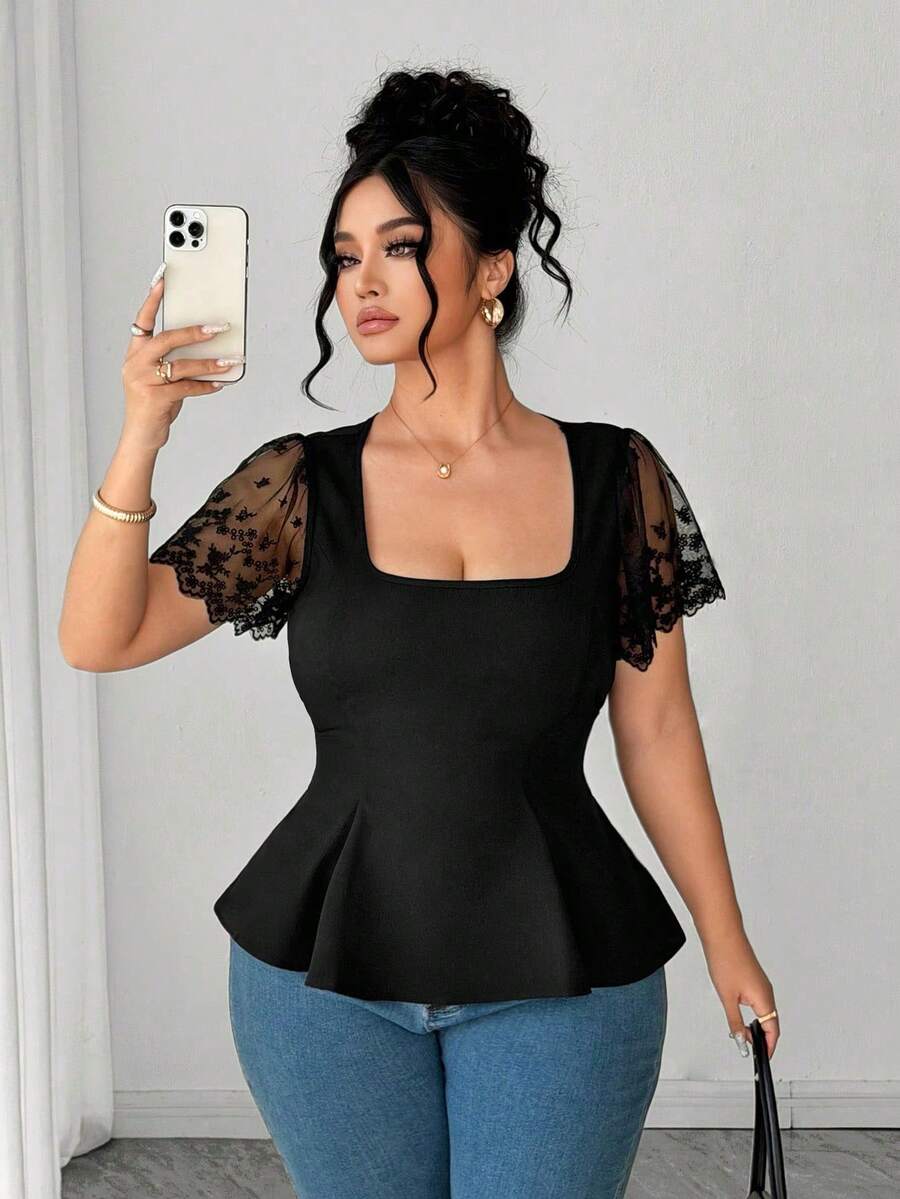 Elenzga Spring New Arrival Square Collar Lace Ruffle Sleeve Hollow Back Bow Design Plus Size Women Blouse, Fashionable For Outing, Holiday Date, Daily Wear, Classic Versatile, Commuting - Black - View 1