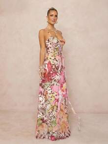 Lumalex Đầm maxi không tay, xếp ly eo, họa tiết da báo và hoa, chất liệu lưới mềm mại dành cho nữ. - Nhiều màu - Xem 7