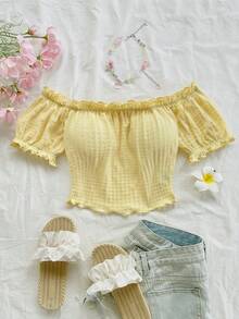 Soleia Phong cách Bohemian, họa tiết hoa lãng mạn, phong cách nghỉ dưỡng, áo họa tiết hoa ngày 4 tháng 7, áo đi nghỉ mát, áo đính hạt, áo dự tiệc, áo crop top gợi cảm cho nữ ngày 4 tháng 7, áo thun crop top co giãn trễ vai mới. - Màu vàng - Xem 4