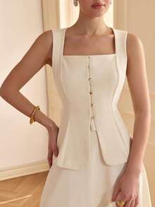 CLARA VERO Women's Square Neck Front Button Waist Sleeveless Blazer - White - View 5