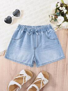 SHEIN Quần short denim thường ngày cho nữ tuổi teen, hàng mới về, kiểu dáng tối giản, đa năng, cạp chun nhún, màu xanh nhạt, chất liệu mềm mại. - Màu xanh lam - Xem 2