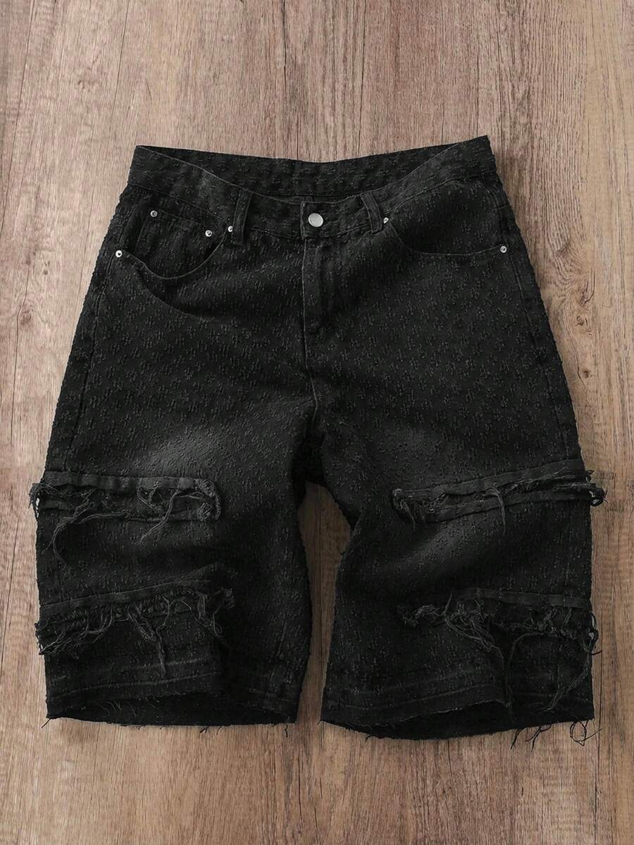 Manfinity Joysei 男士休闲宽松破洞牛仔阔腿短裤 - 黑色 - 查看 1