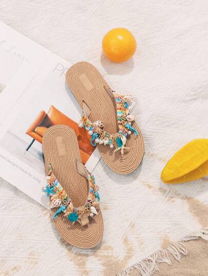 Swim Mod Fashionable & Versatile Women's Natural Seashell, Starfish & Faux Pearl Pendant, Woven Design Flat Casual Beach Sandals Women's Soft Bottom Non-Slip Flat Flip Flops, Suitable For Women And Girls, Summer Beach