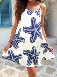SHEIN 孕妇休闲无袖连衣裙，海星印花，适合度假 - 藍白色 - 查看 6