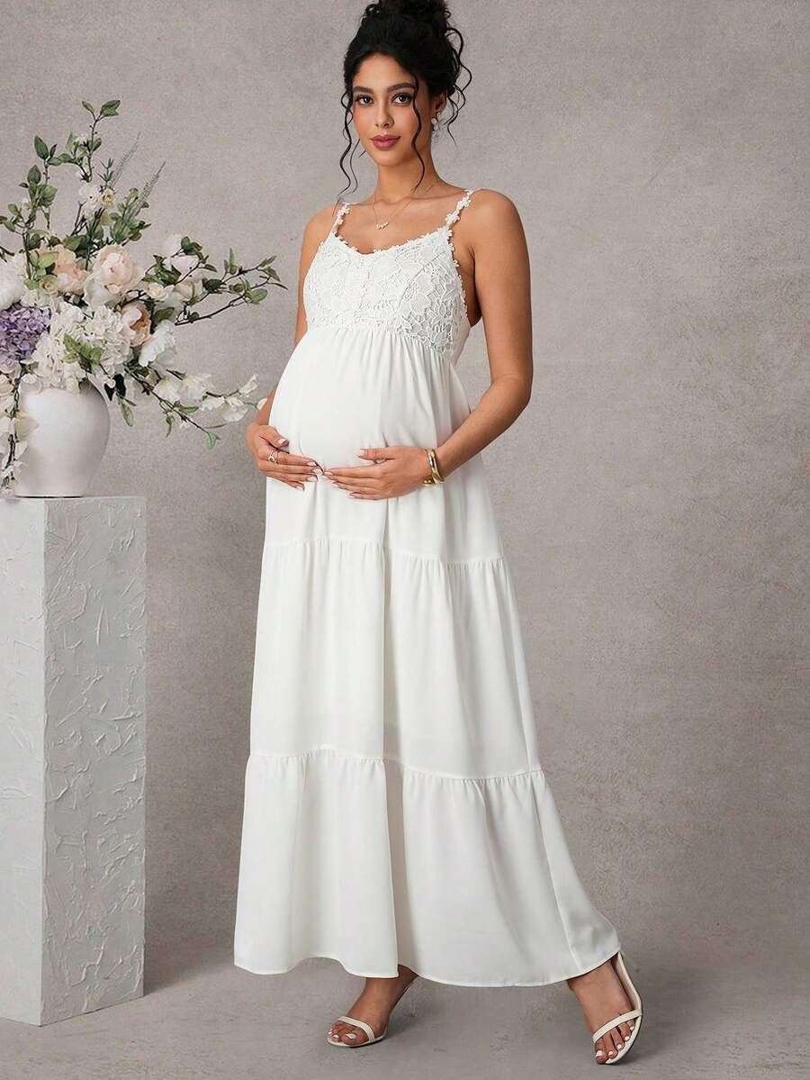 Momance Đầm hai dây xếp tầng ren phối màu phong cách thường ngày mùa hè dành cho bà bầu - trắng - Xem 1