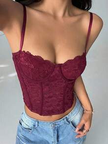 SHEIN PETITE Sexy Lace Sheer Camisole Top, Party, Date Night, Commute, Cute Bralette, Sexy Club Top, Corset Top, Strapless Top, Going Out Top, Summer Tops, Cute Top, Summer For Women, Lace Top, Corset Top, Autumn/Winter Layering - Burgundy - View 5