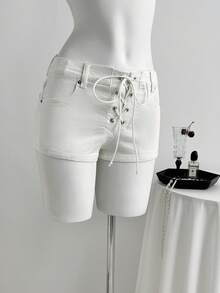 Elamini Quần short denim nữ kiểu dáng thường ngày, đa năng, có túi và dây buộc. - trắng - Xem 1