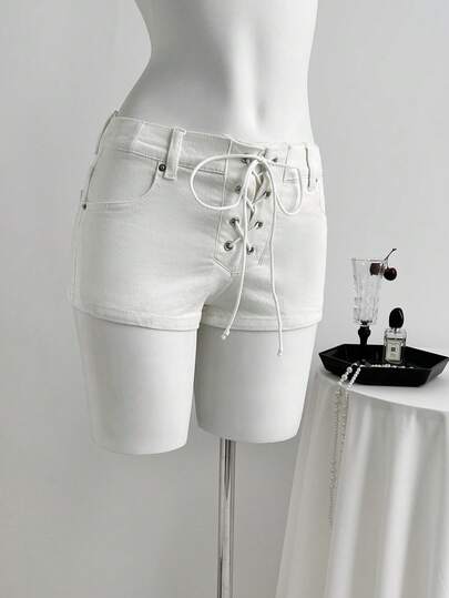 Elamini 女士休闲百搭日常牛仔短裤，带口袋和系带设计