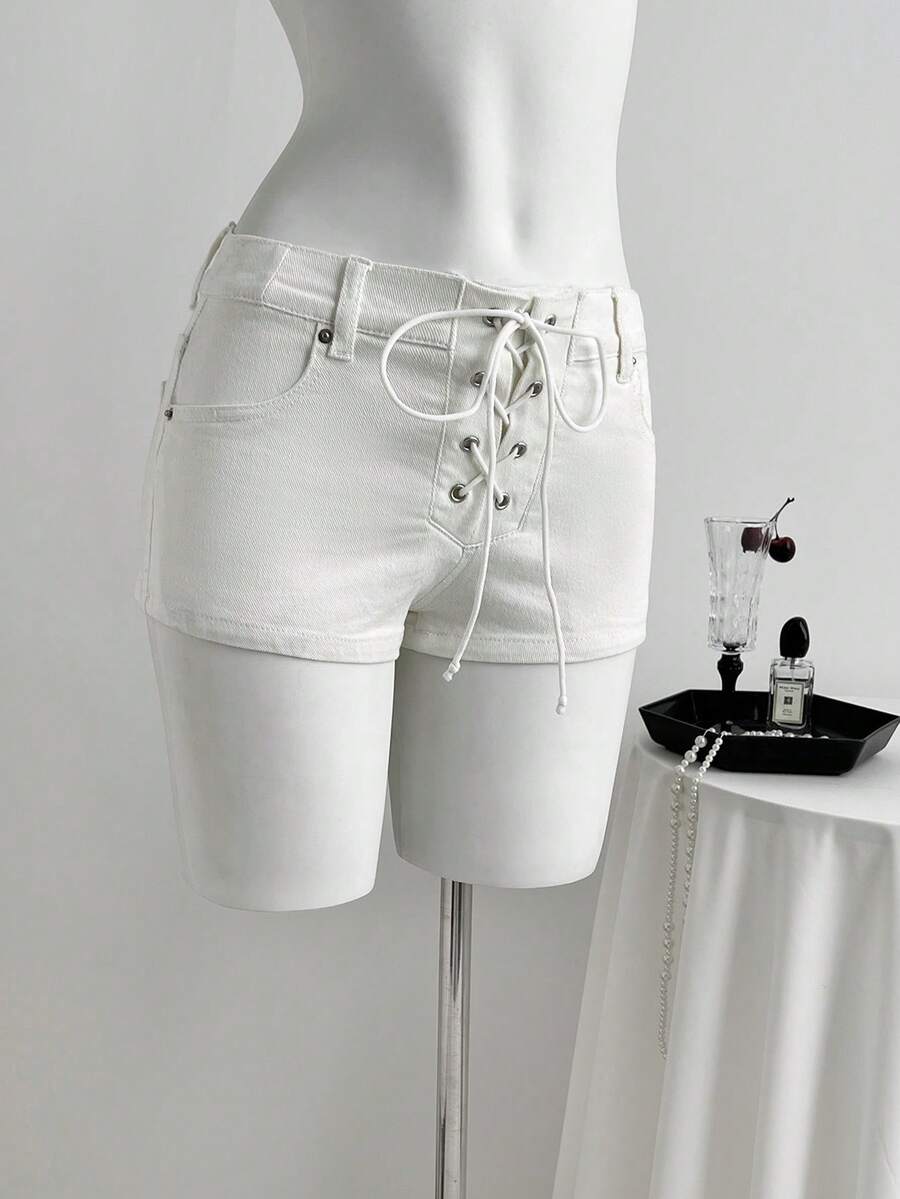 Elamini Quần short denim nữ kiểu dáng thường ngày, đa năng, có túi và dây buộc. - trắng - Xem 1