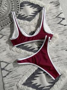 Swim Vcay Conjunto de bikini con ribete de color contrastante para vacaciones en la playa - Rojo - Ver 2