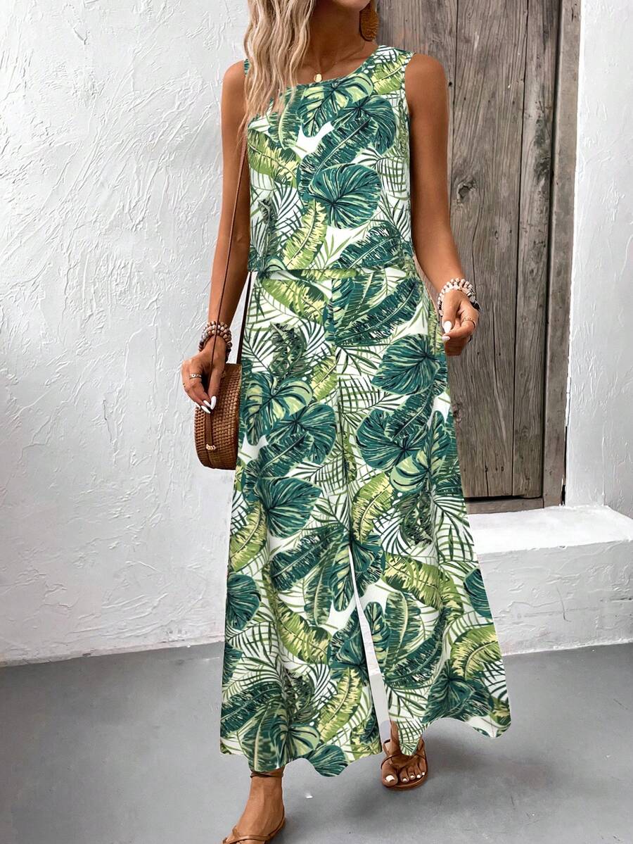 EMERY ROSE 波西米亚风复古印花圆领露脐上衣和阔腿裤，女士夏季沙滩度假两件套 - 彩色 - 查看 1