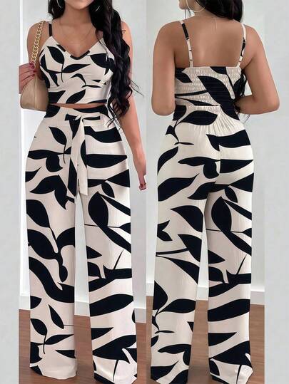 Silhoulove 2pcs Women Spaghetti Strap Elastic Camisole Top And Wide Leg Pants With Tie Front Set