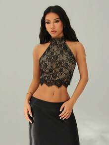 SHEIN PETITE 女士蕾丝吊带露背性感黑色吊带衫 - 黑色 - 查看 8