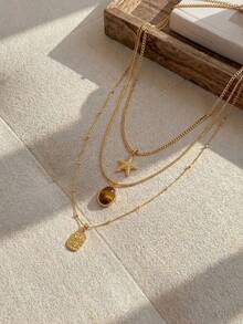 Resyla 3 件套不锈钢金黄色时尚简约海星玫瑰花太阳脸吊坠项链套装，适合日常佩戴或送礼 - 金黃色 - 查看 4