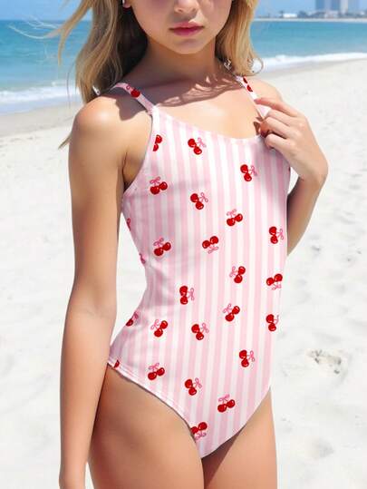 Cute Retro Ins Style Cherry Pink Striped Print Pattern, Tween Girls Casual Minimalist Camisole One-Piece Swimsuit, Suitable For Spring/Summer Vacation, Beach Photo Shoot Matching, Summer Vacation, Aesthetic Swimsuit, Pool Party, Summer Camp, Cottagecore, Beachwear