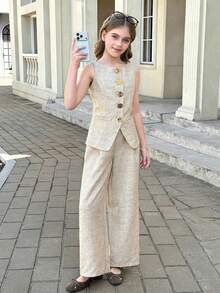 SHEIN 少女休闲优雅通勤街头风金属纽扣方领无袖上衣和直筒裤两件套米色套装 - 杏色 - 查看 7