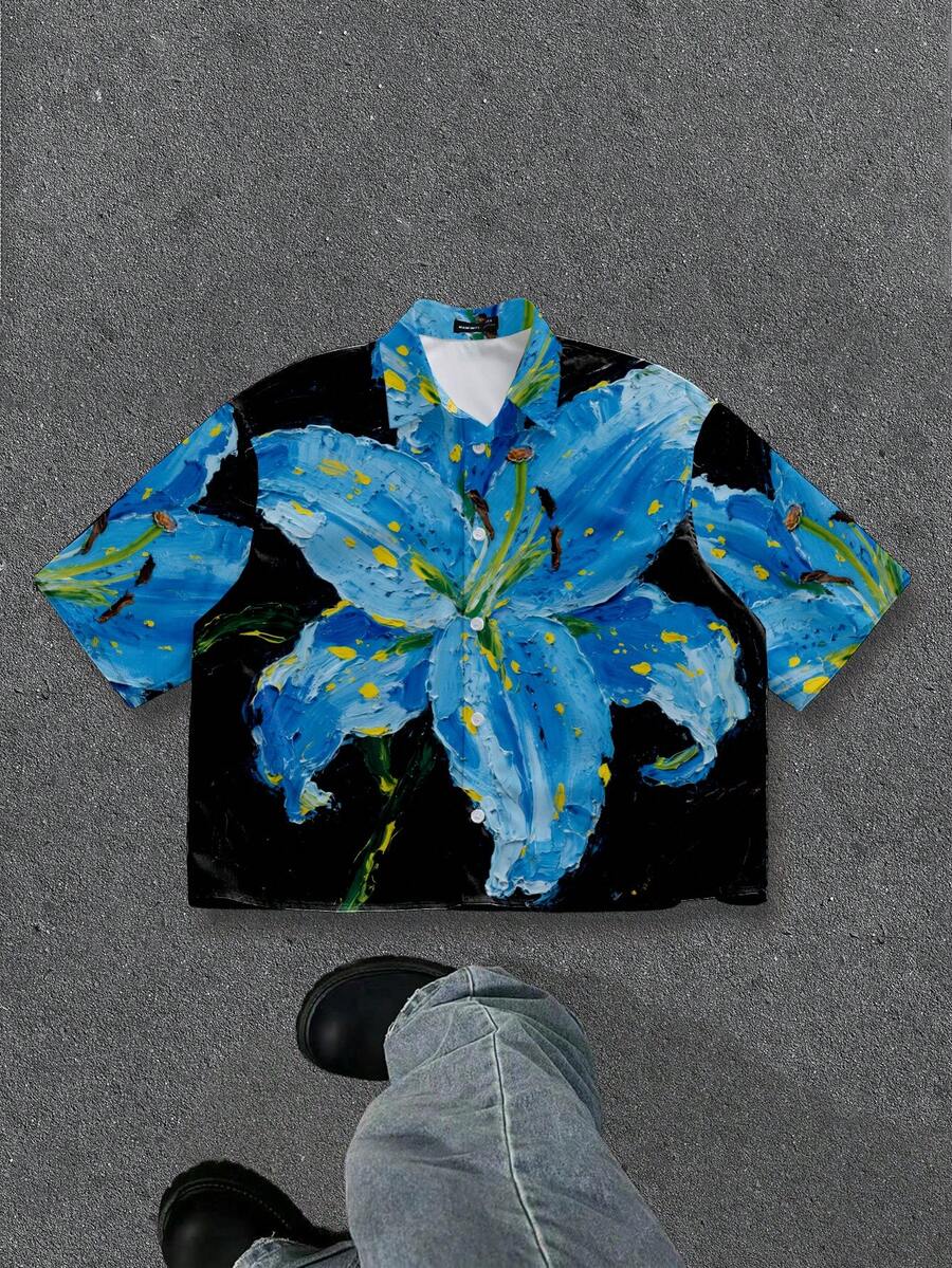 Manfinity ZONE917 Boxy Cropped Street-Style Faux Oil Painting Floral Graphic Print Short Sleeve Shirt - Black - View 1