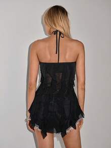 SHEIN ICON 2026 New Arrive Women's Sexy Sheer Ruffle Trim Halter Neck Blouse For Summer Boho Style Clothes Bohemian Tops For Women Trending Outfit Beach Outfit For Women Conservative Top - Black - View 2