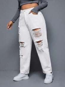 SHEIN ICON Jeans desgastados de unicolor versátiles y casuales de talla grande - Blanco - Ver 4