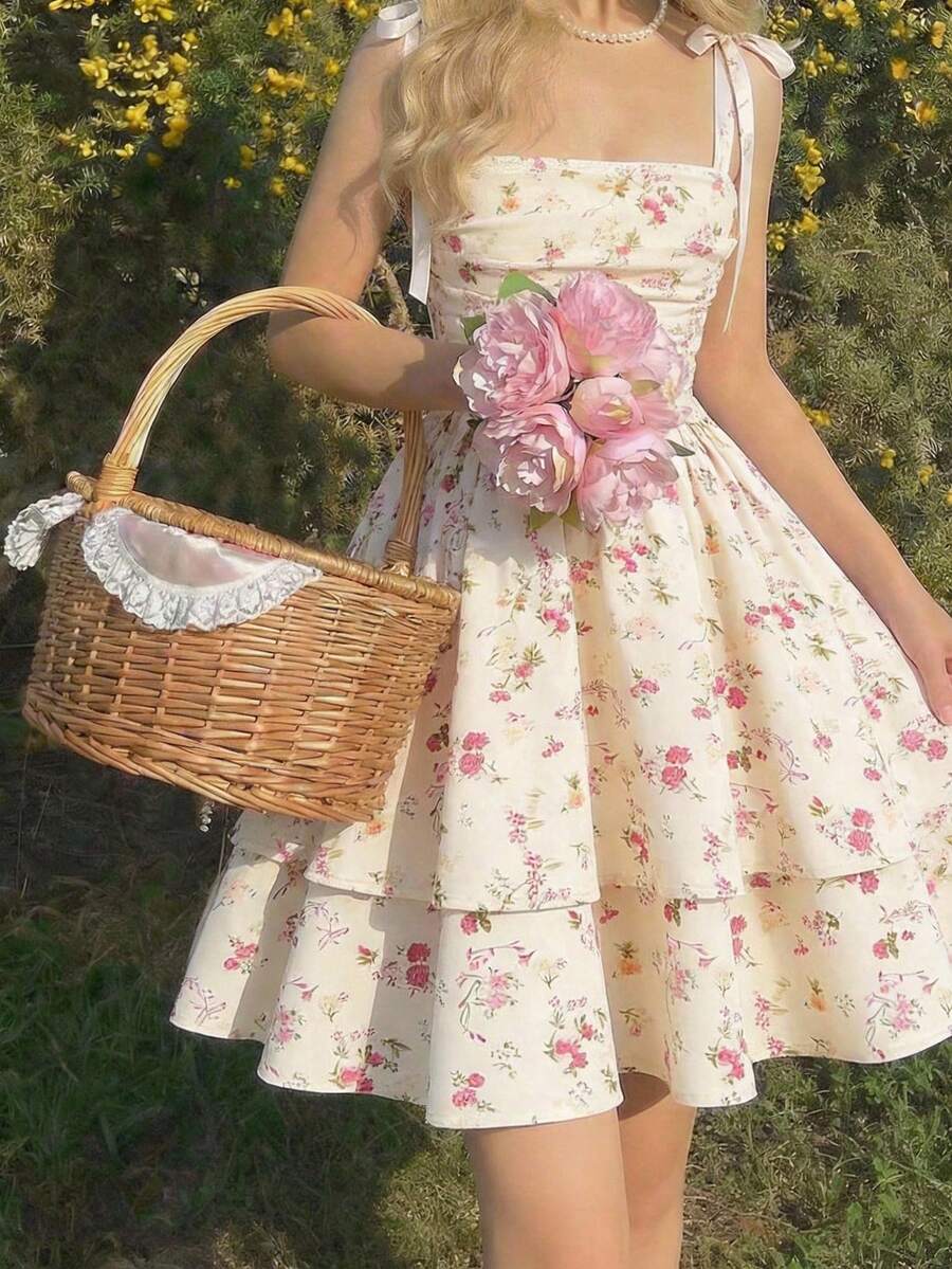 SHEIN Tween Girl Pink Floral,Summer,Casual,Party,Picnic Spaghetti Strap Bow Elegant Ruched Waist A-Line Layered Ruffle Mesh Flower Princess Vintage Dress - Apricot - View 1