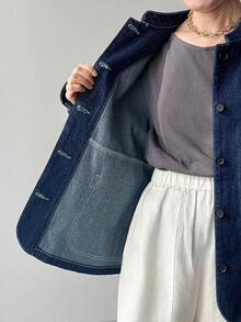 FRIFUL Women's Stand Collar Pocket Contrast Stitching Design Loose Casual Denim Jacket And Coat - Blue - View 4