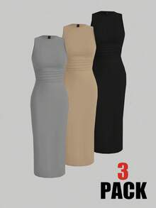 SHEIN ChicEase Summer Casual Elegant Concert Outfit Business Casual Dating Travel Vacation Ruched Waist & Bodycon Slim Fit Round Neck Tank Dress Home Versatile Old Money Style Solid Color Gray Khaki Black Various Color Options Set - Multicolor - View 9