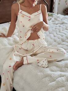 CottageSlumber 樱花印花吊带背心和裤子女士睡衣套装，家居服 - 杏色 - 查看 5