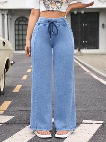 Flexra Women's Drawstring Waist Wide Leg Loose Casual Versatile Jeans - Blue - View 4