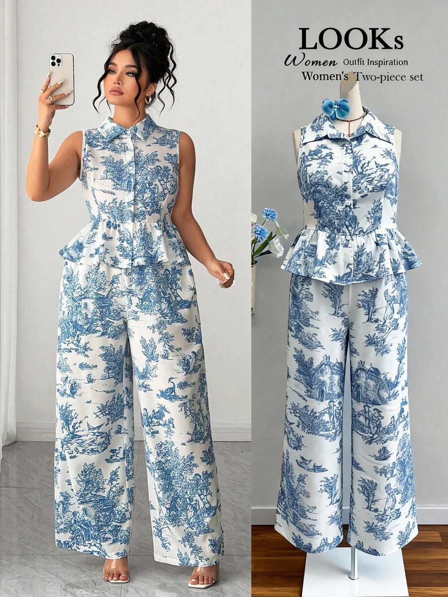SHEIN Elenzya Bộ đồ nữ cỡ lớn 2 món - Áo sơ mi cổ bẻ + Quần dài thường ngày, trang phục thường ngày. - Màu xanh lam - Xem 1
