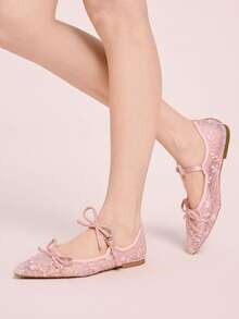 CUCCOO DOLLMOD 女士浅粉色网纱花朵刺绣时尚双蝴蝶结可爱优雅玛丽珍平底鞋 - 淺粉色 - 查看 5