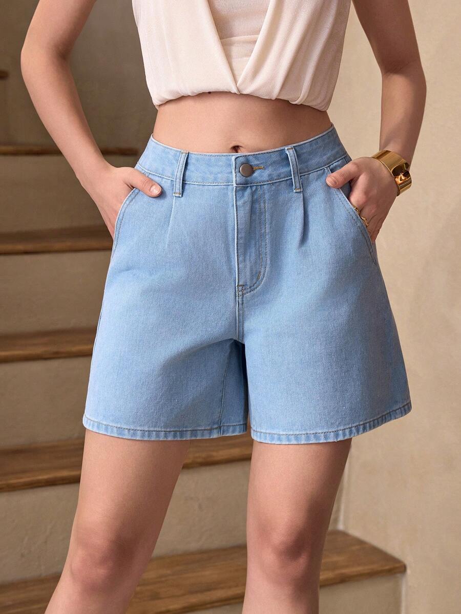 Selenza Women's Elegant Ruched Waist Denim Shorts, Summer - Light Wash - View 1