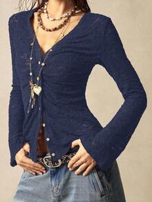 Bohemela 休闲纯色针织蕾丝喇叭袖修身女式上衣 - 藏蓝色 - 查看 4