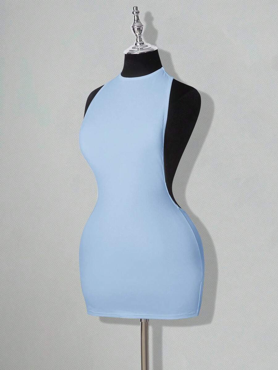 SHEIN ICON Solid Color Backless Sexy Casual Mini Dress - Baby Blue - View 1