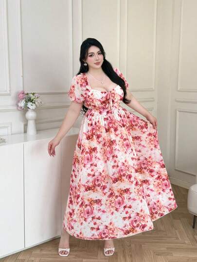 Vibekara Elegant Vintage French Vibrant Colorful Dopamine Oil Painting Print Puff Sleeve Off-The-Shoulder Convertible Neck Waist Cinched Maxi A-Line Sundress For Vacation