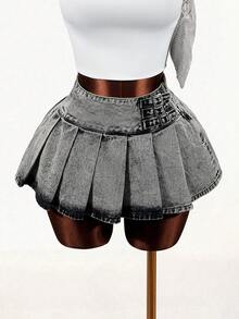 Mistrie Women's Casual Washed Pleated Mini Denim Skirt - Black - View 4