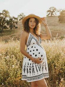 Boho Mama Pregnant Women's Summer Beach Vacation Style Geometric Figure Retro Print Backless Tassel Tie Neck Dress,Maternity Spaghetti Strap Bohemian Print Dress Boho Summer Dress Women Women Vacation Dress Women Sun Dresses Summer Sundress Women Cotton Summer Dresses - White - View 1