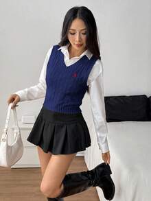 SHEIN PETITE 女式休闲马匹图案粗针织V领毛衣背心，秋季 - 藏蓝色 - 查看 5