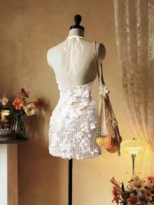 Lyxana Women's V-Neck Halter Dress With Shell Decor Button - Apricot - View 2