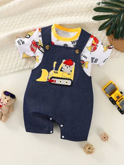 Conjunto de verano para bebé niño con overol de mezclilla bordado de excavadora y camiseta estampada, 2 piezas, 3-24 meses